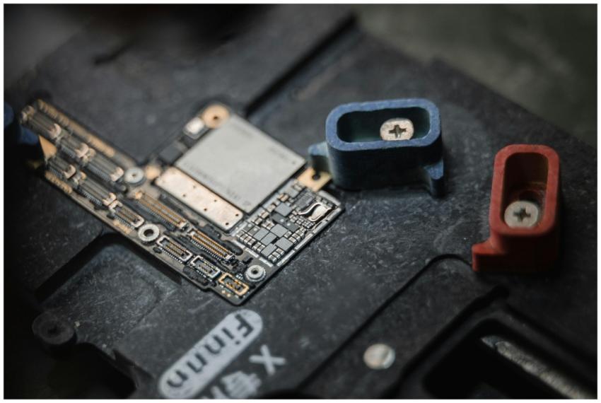 Detailed view of a circuit board with components a