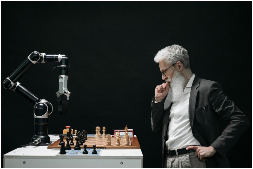 An elderly scientist contemplates a chess move aga