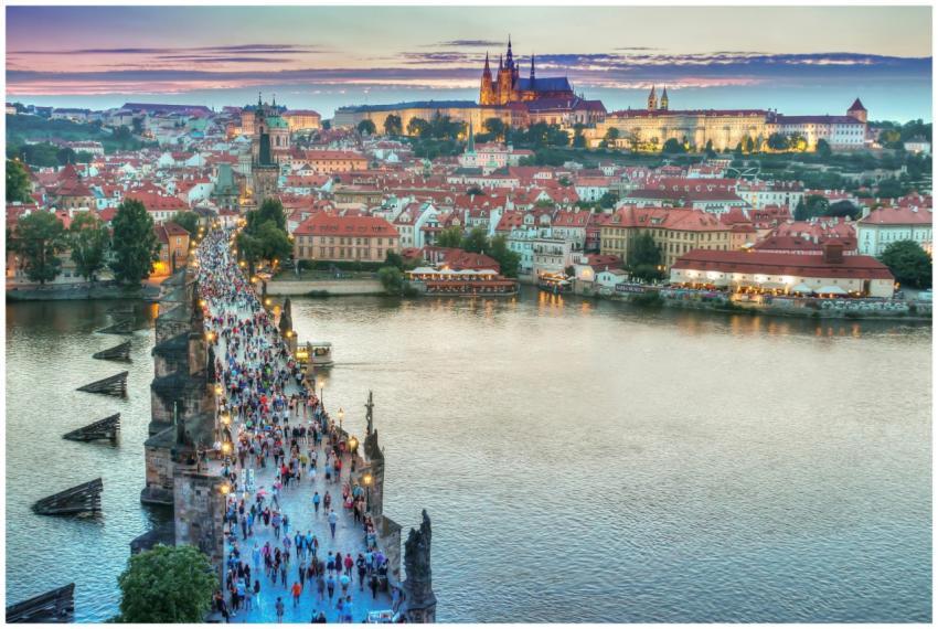 A vibrant view of Charles Bridge leading to Prague