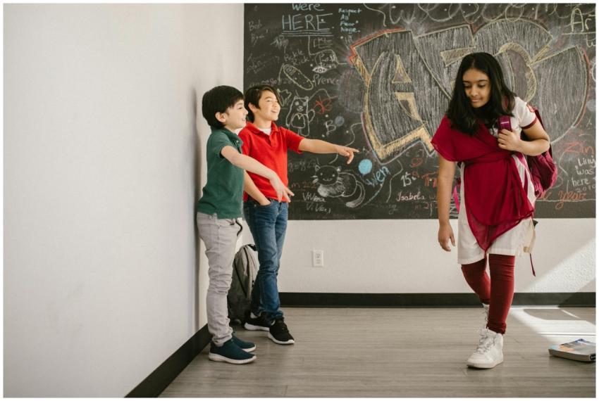 Children engaging in a bullying scene inside a sch