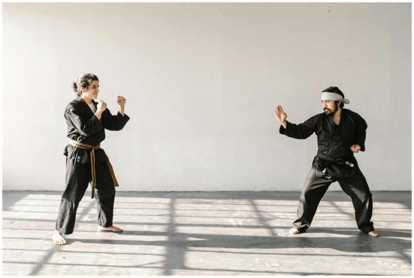 Two martial artists practice self-defense in a bri