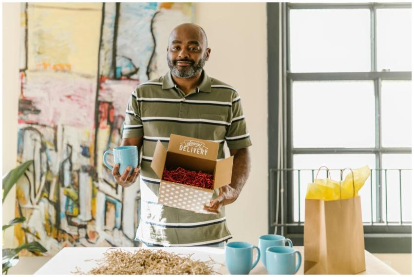 Man packing blue coffee mugs for delivery in a bri