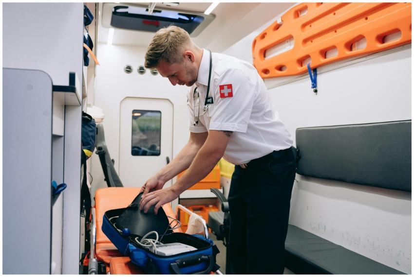 A paramedic organizing medical equipment in an amb
