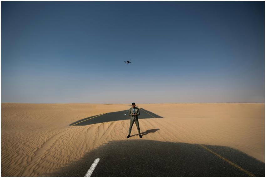 A man controlling a drone on a deserted road in th