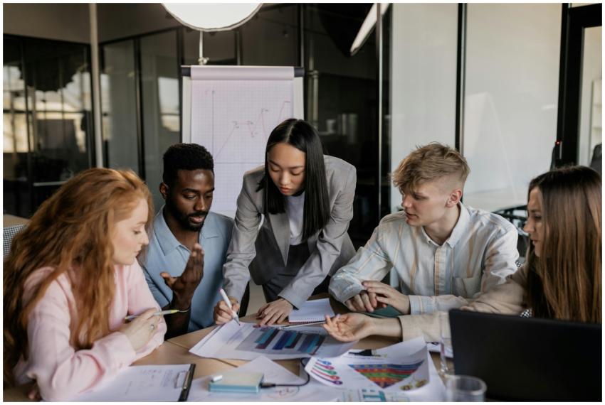 A diverse group of professionals engaged in a coll
