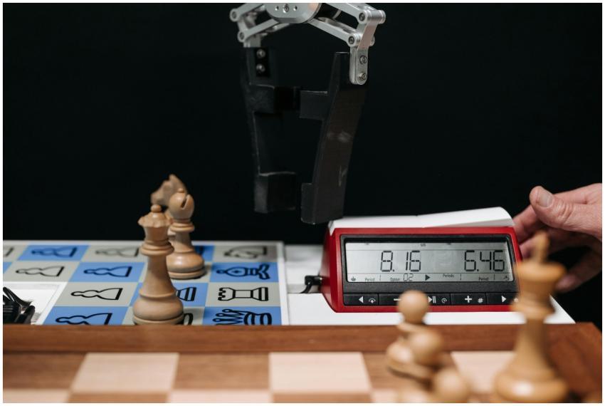 Robotic arm moves chess pieces on a board with ele