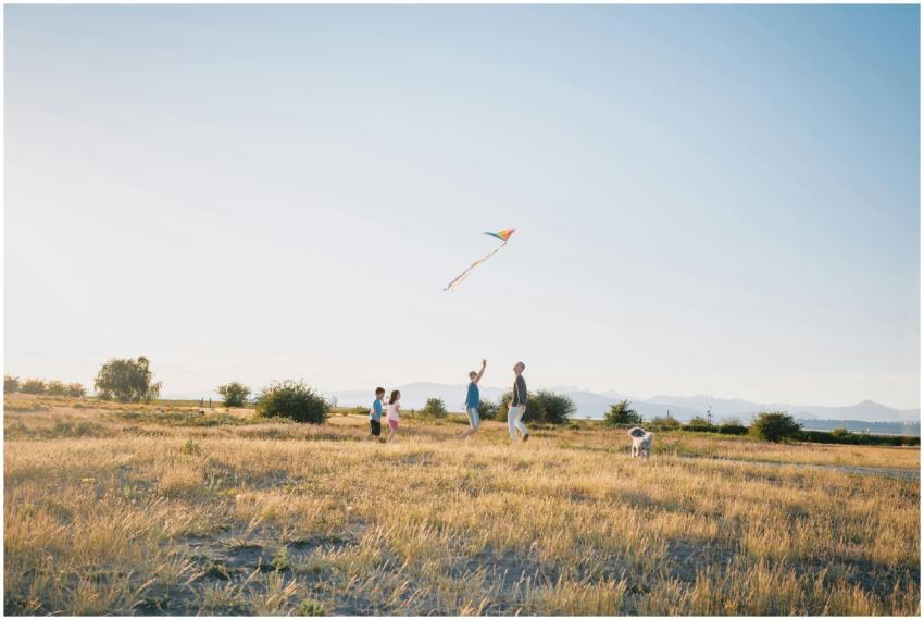A family enjoying a sunny day flying a kite in a s