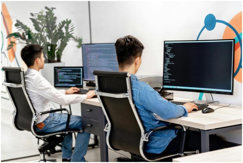 Two male developers at desks programming in a mode