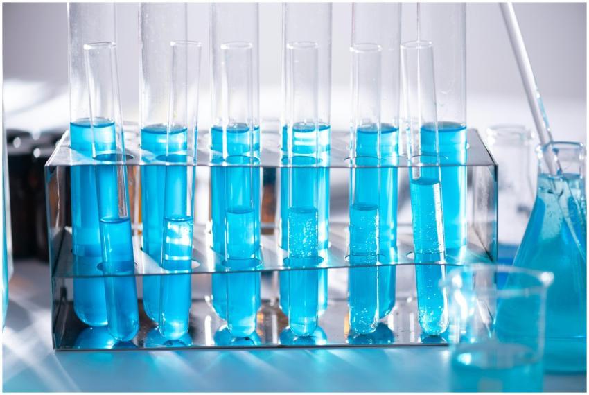 Close-up of blue liquid in test tubes for chemistr