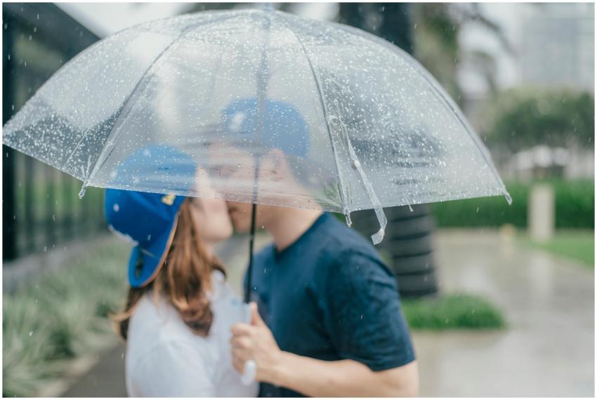 Romantic couple kisses under an umbrella during a