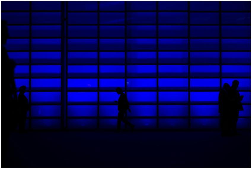 Silhouettes of people walking and using phones aga