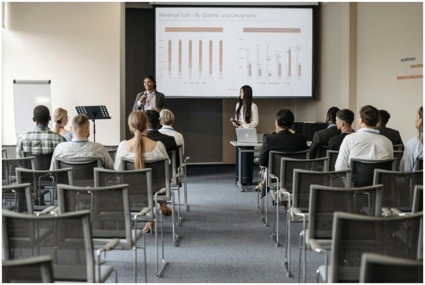 Professional business seminar with audience listen