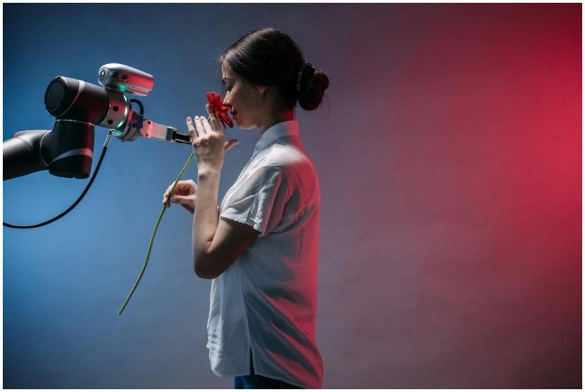 A woman in a lab coat interacts with a robot arm h