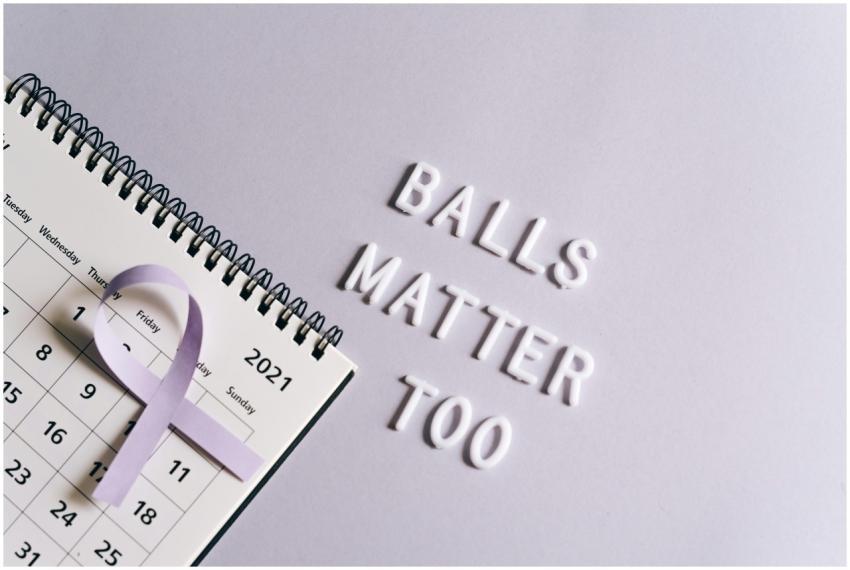Calendar with purple ribbon and 'Balls Matter Too'