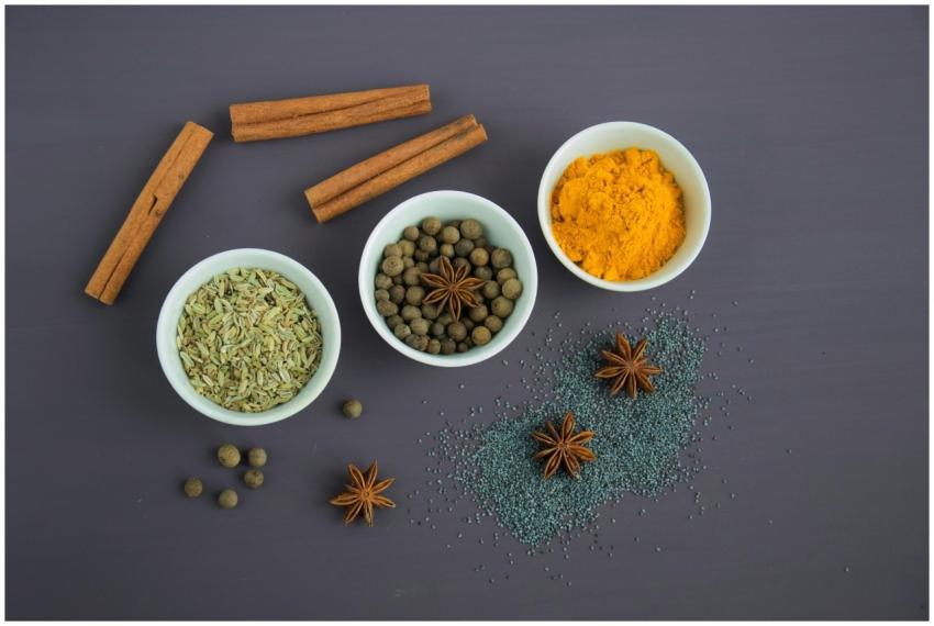 Flat lay of assorted spices including cinnamon, tu