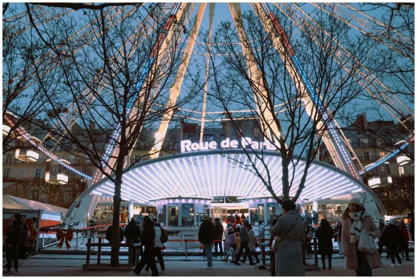 The illuminated Roue de Paris at night with visito