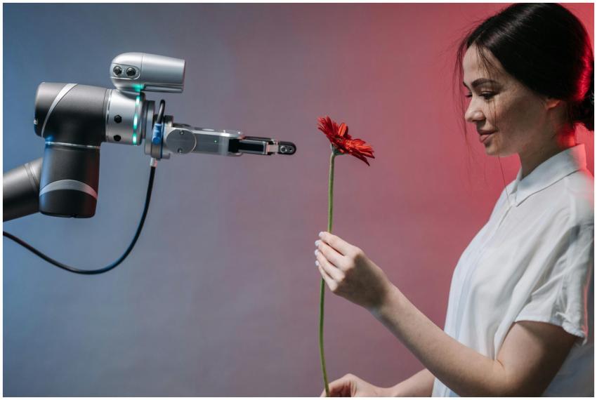 A woman receives a red flower from a robotic arm s