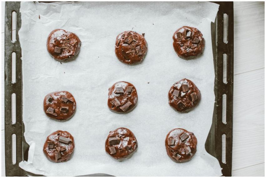 Top view of homemade chocolate cookies with chunks