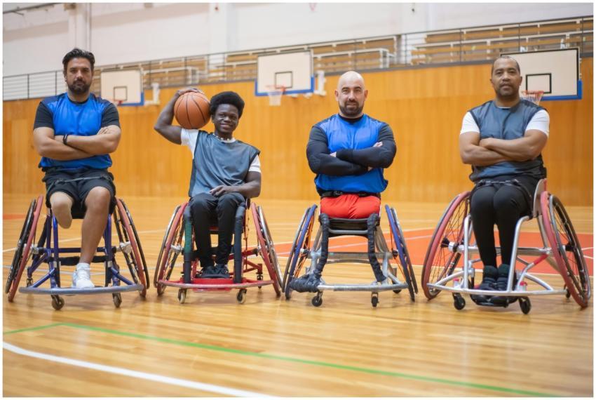 Four athletes in wheelchairs pose confidently on a