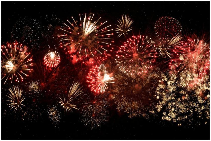 Vibrant fireworks light up the night sky in a brea