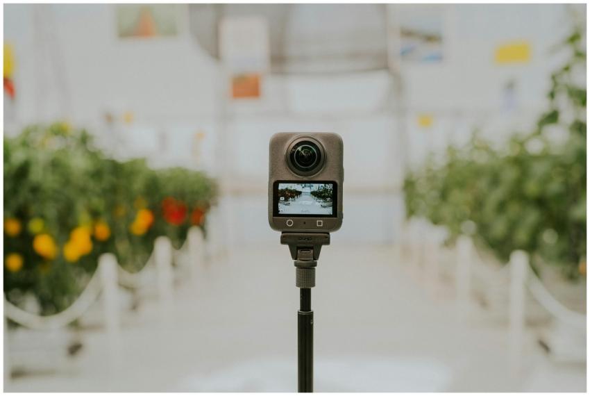 A 360 camera captures vibrant greenhouse scenes wi
