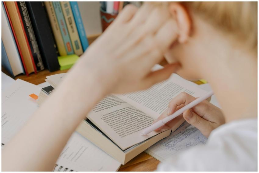 A student studying diligently with an open textboo