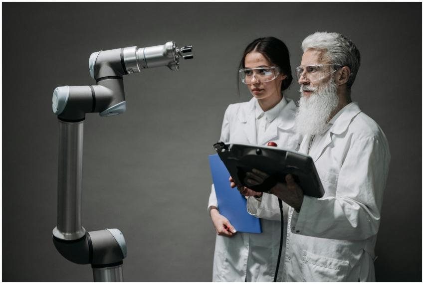 Researchers examining a robotic arm, showcasing te