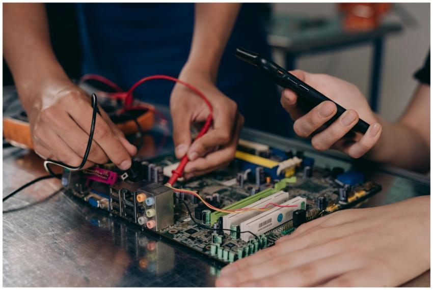 Close-up of hands working on a motherboard using e