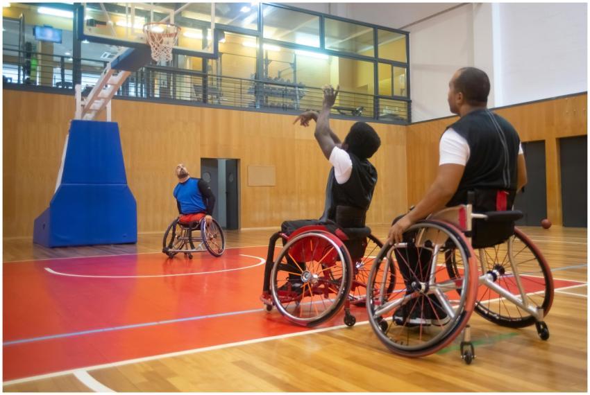 Wheelchair basketball players engaged in a competi