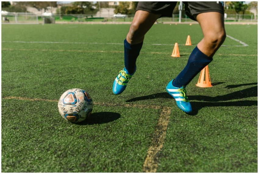 Dynamic image of a soccer player practicing drills