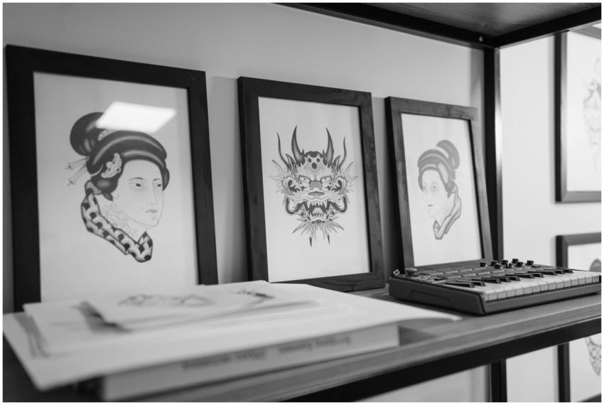 Monochrome art prints and compact synthesizer plac