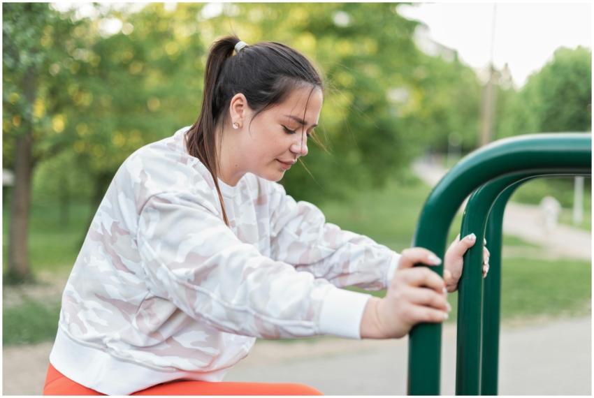 A young woman in sportswear exercising on metal ba