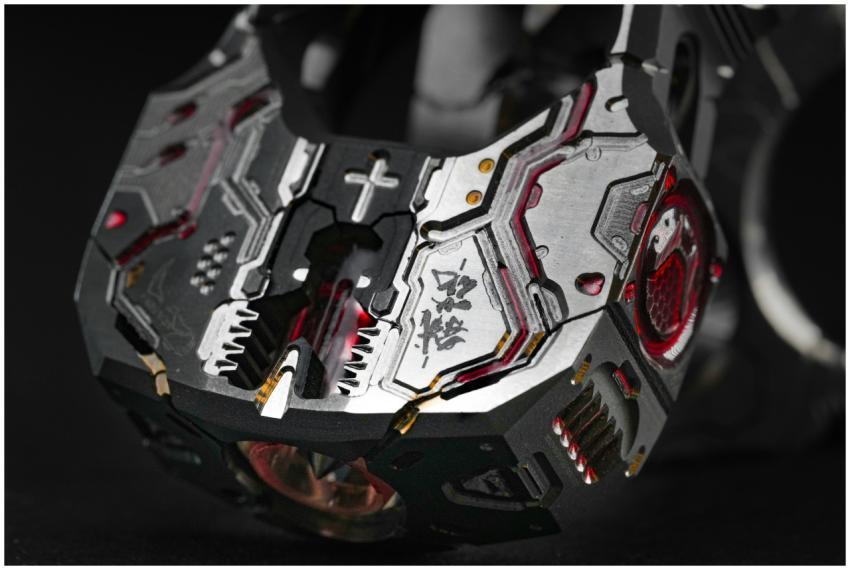 Close-up of a futuristic mechanical device showcas