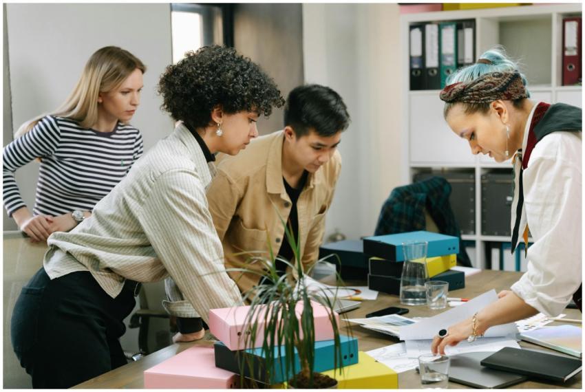 A diverse team of colleagues collaborating on a bu