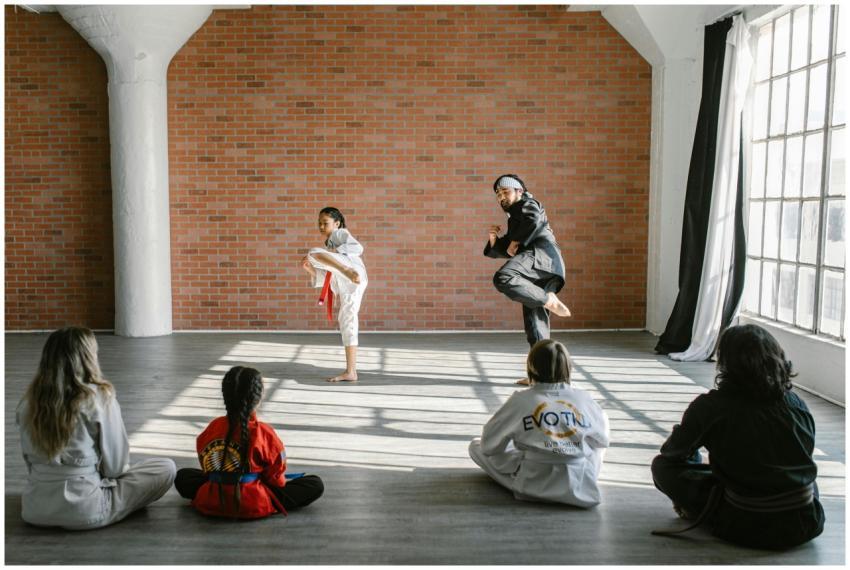 Children practicing martial arts with their instru