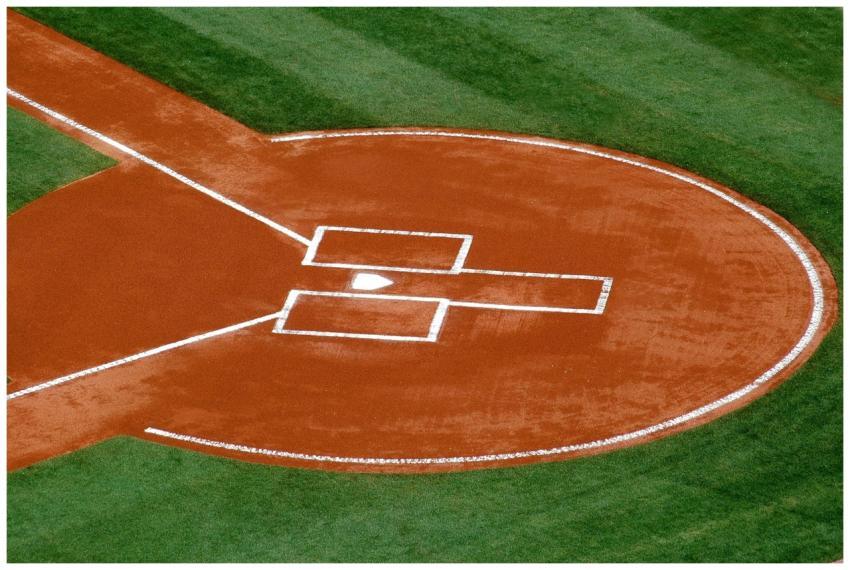 A top-down view of a baseball field's home plate a
