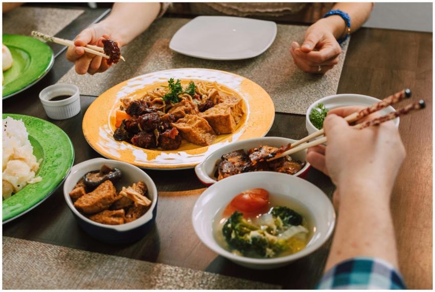 A delicious spread of Asian dishes including tofu,