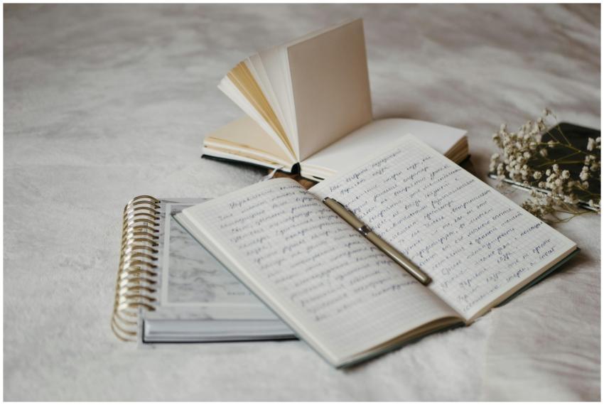 Close-up of open notebooks and a pen on a soft bed