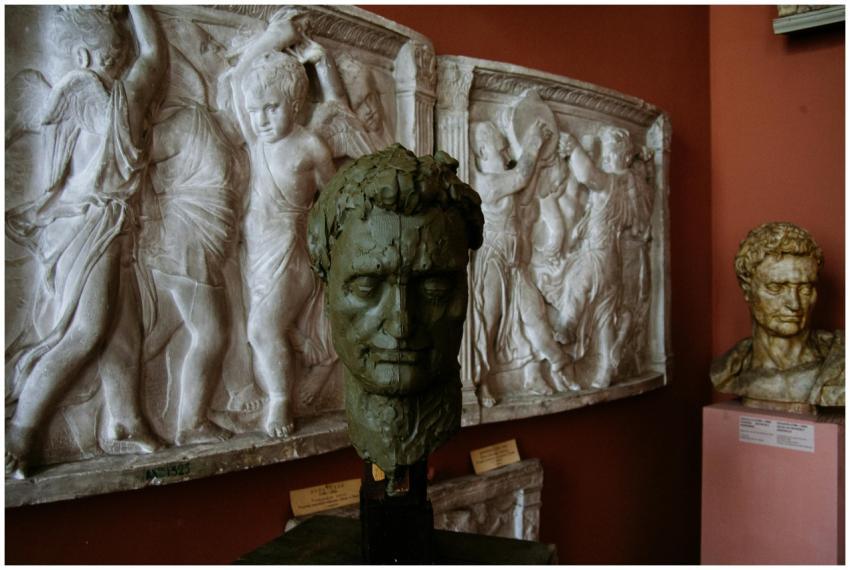 Bust sculptures and bas relief art pieces displaye