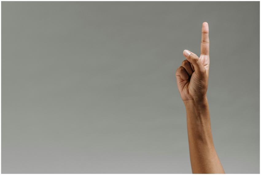 Close-up of a hand raised with the index finger po