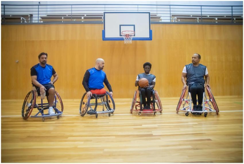 Four men in wheelchairs on a basketball court prep