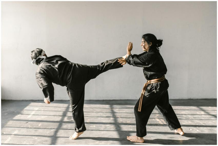 Two martial artists practicing karate kicks and se