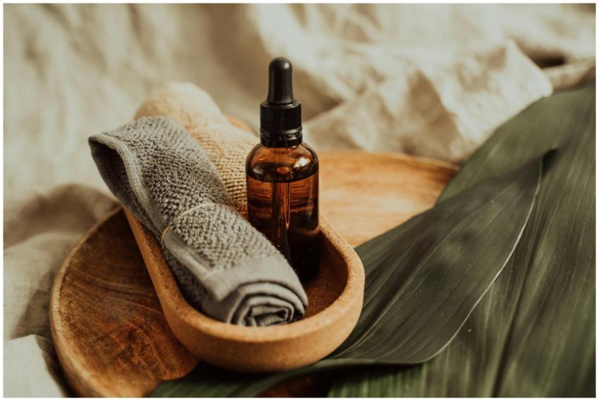 A soothing setup of skincare essentials featuring