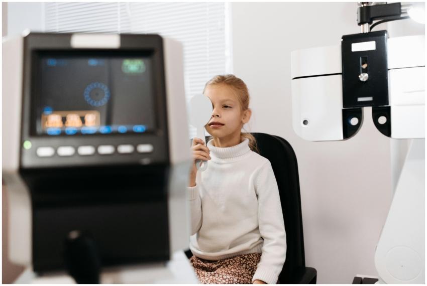 Young girl covering one eye during an optometric e