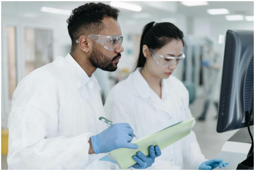 Two scientists conducting research together in a m