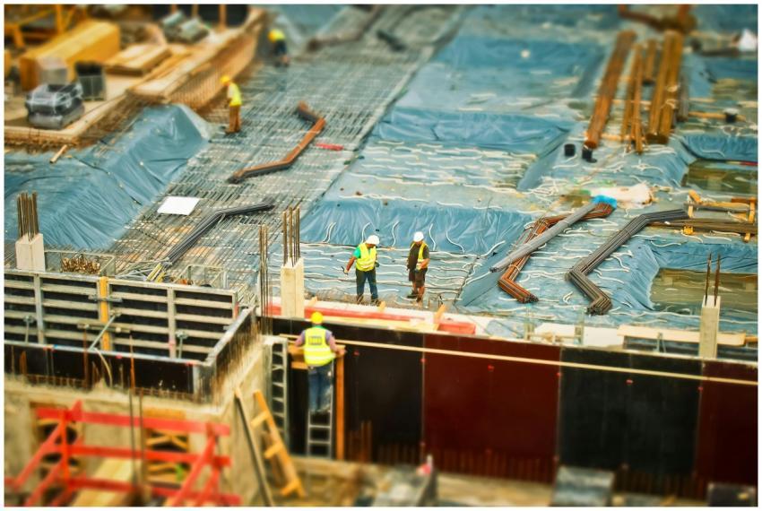 High-angle view of construction workers on a build