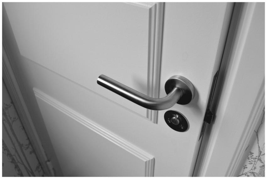 Close-up of a sleek steel door handle on a white d