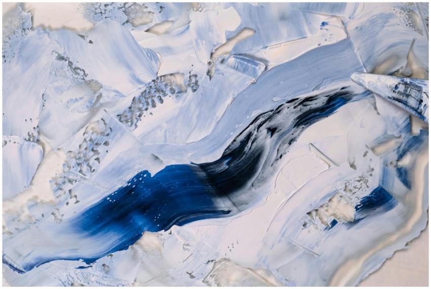 A dynamic abstract painting featuring blue and whi