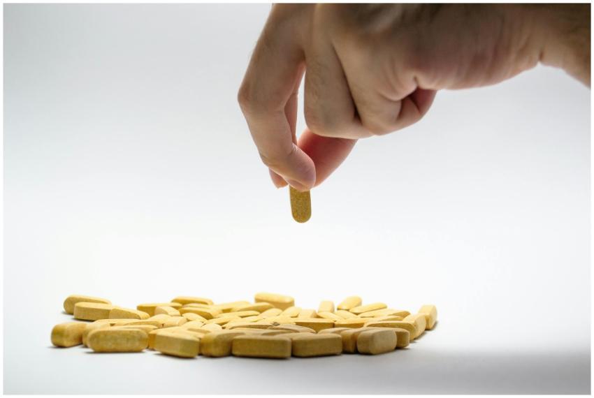Close-up of a hand picking a yellow pill from a pi