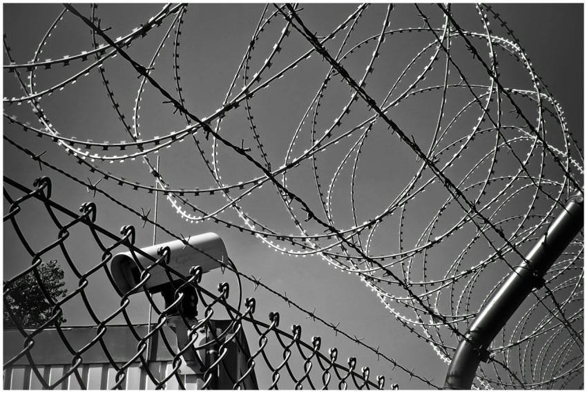 A black and white image featuring barbed wire and